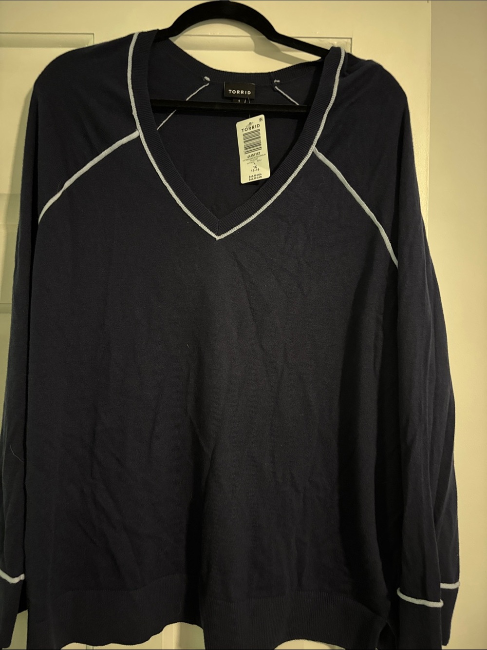 torrid Men's Navy V-Neck Sweater with Light Contrast Trim